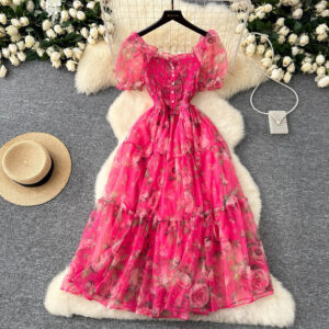 French-style off-shoulder floral dress for Women