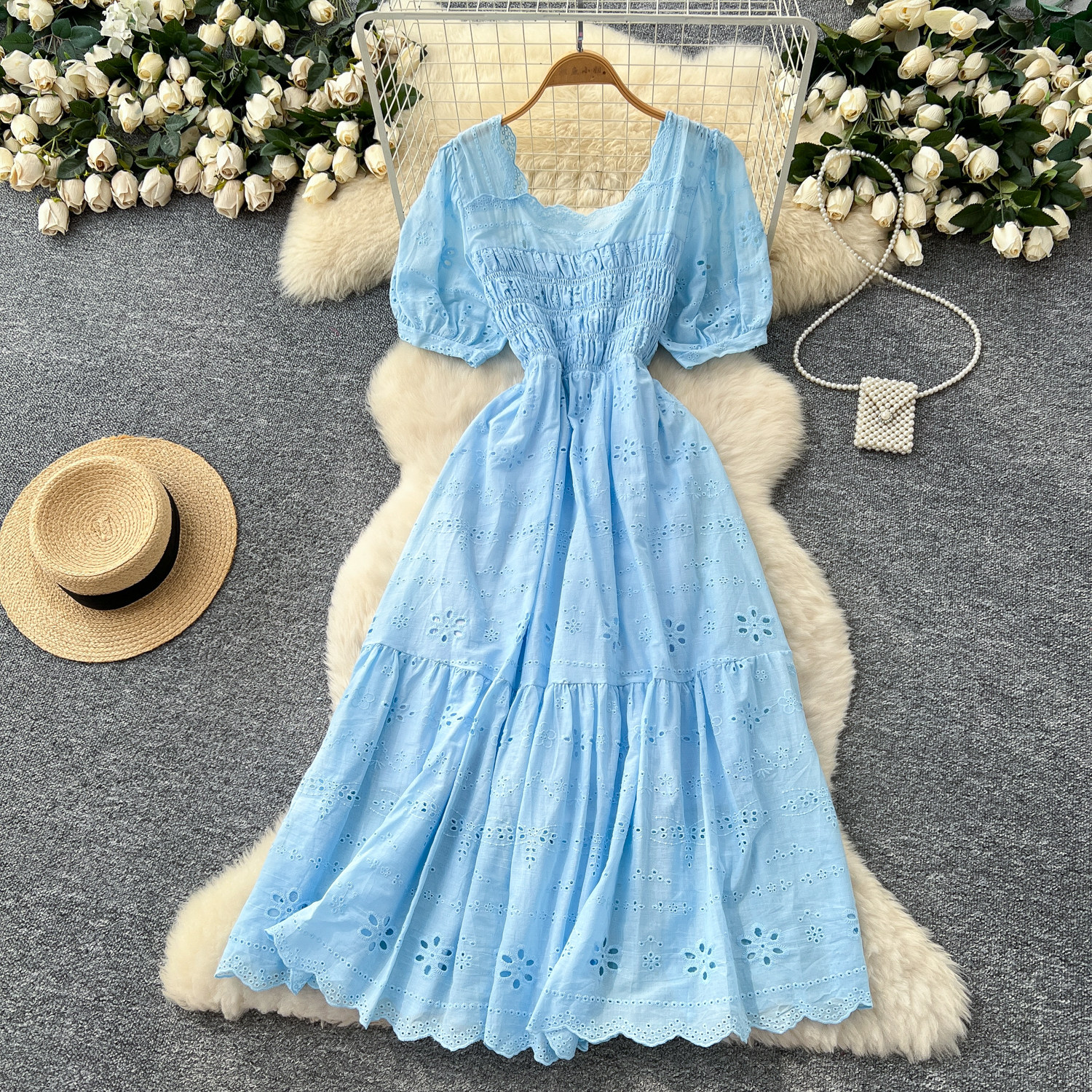 French fairy style embroidered square neck dress for women - Image 4