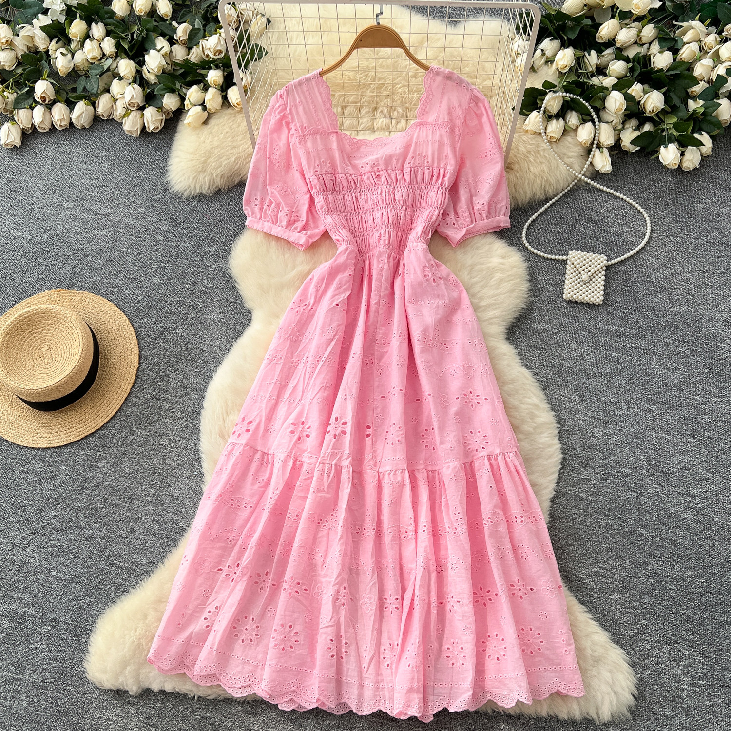 French fairy style embroidered square neck dress for women - Image 5