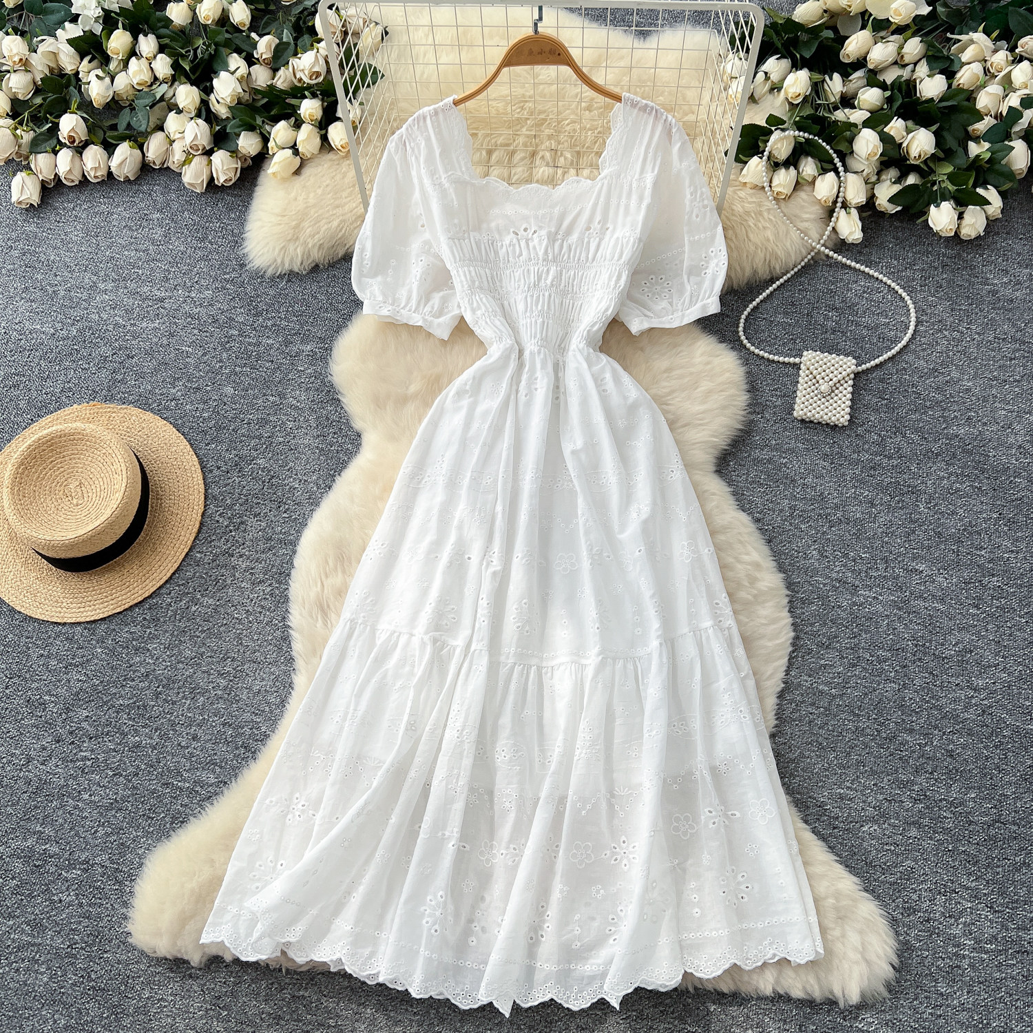 French fairy style embroidered square neck dress for women - Image 2