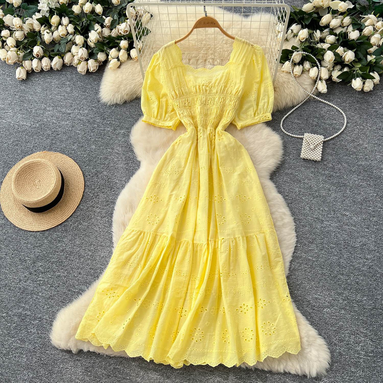 French fairy style embroidered square neck dress for women